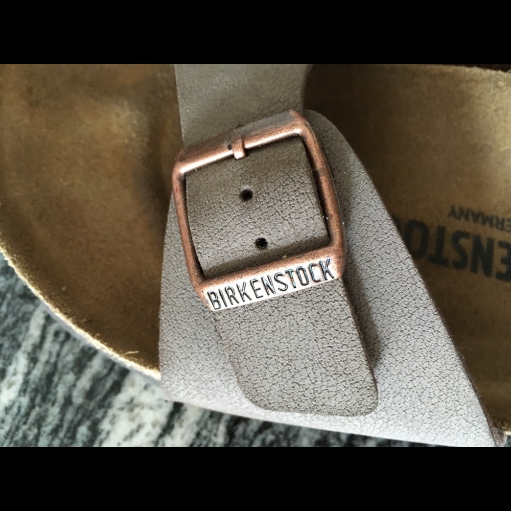 Birkenstock Brown Single Strap Slide Sandals with Copper Buckles - Picture 2 of 3
